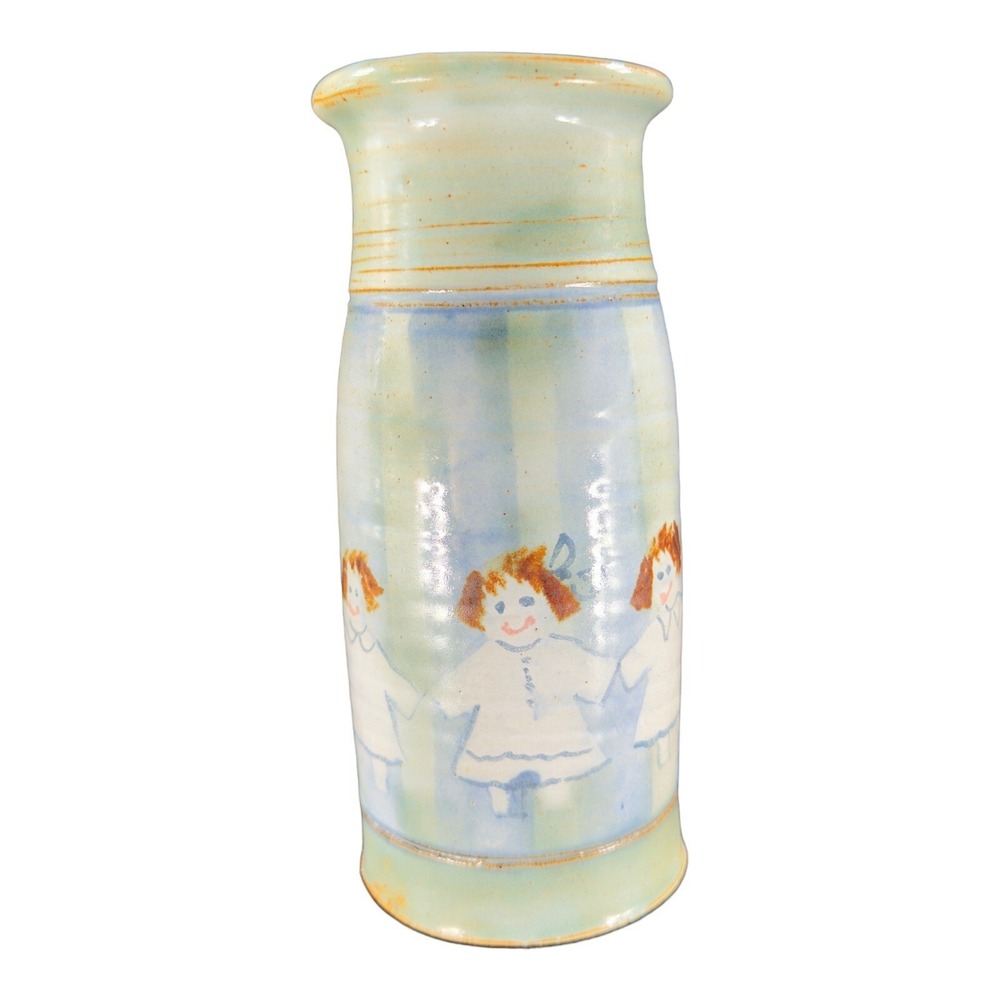 Studio Art Pottery Cylinder Vase Vessel Artist Signed Pottery Vase Redhead Girls
